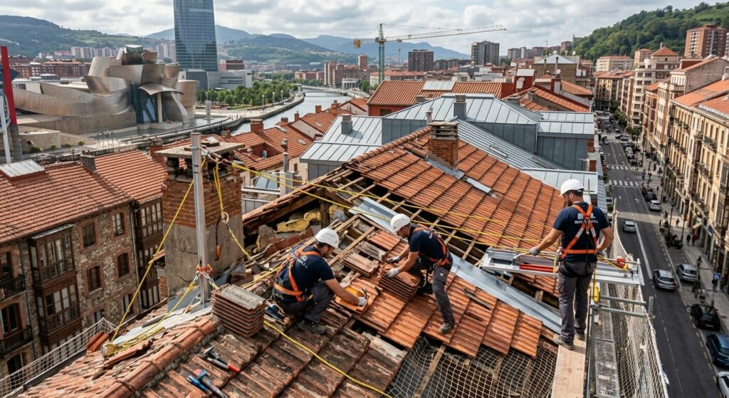 Cubierta abierta con los rastreles a la vista en el centro de Bilbao