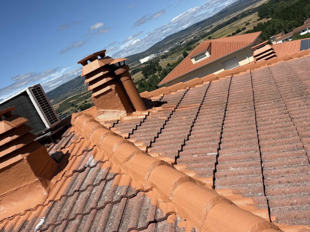 Cumbrera y chimeneas rematadas en un tejado de Cáseda, Navarra