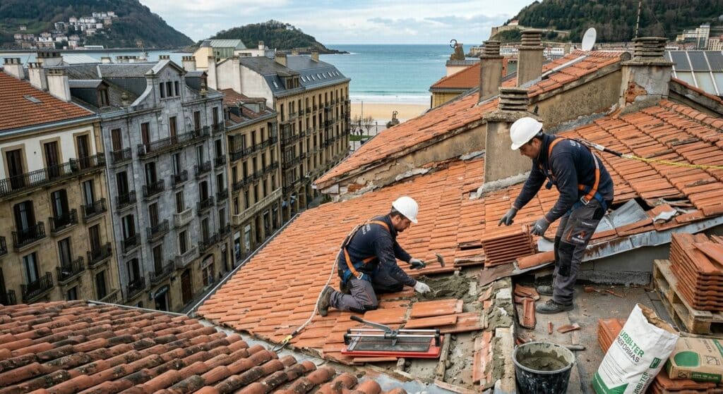 Equipo de Tejados Mirton trabajando sobre una cubierta de Donostia con vistas a La Concha