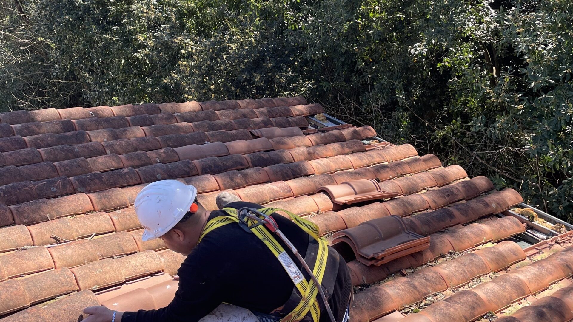 Técnico de Tejados Mirton reparando una cubierta de teja cerámica con arnés de seguridad