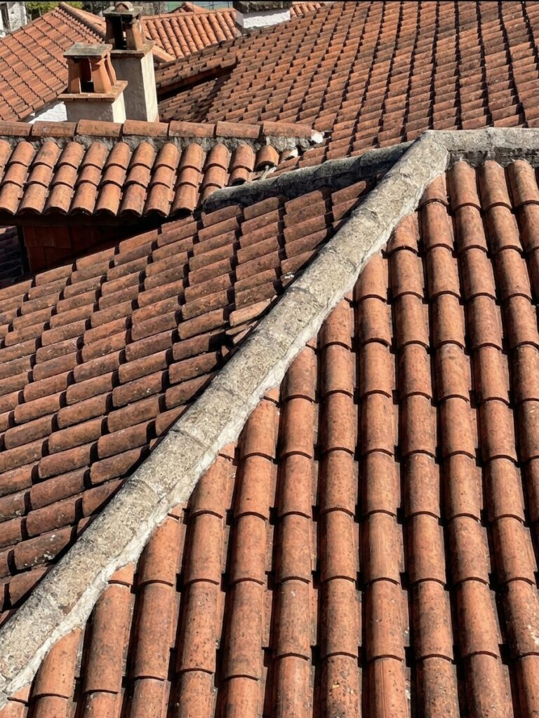 Detalle de macizado y sellado de cumbrera en tejado de teja curva en Donostia